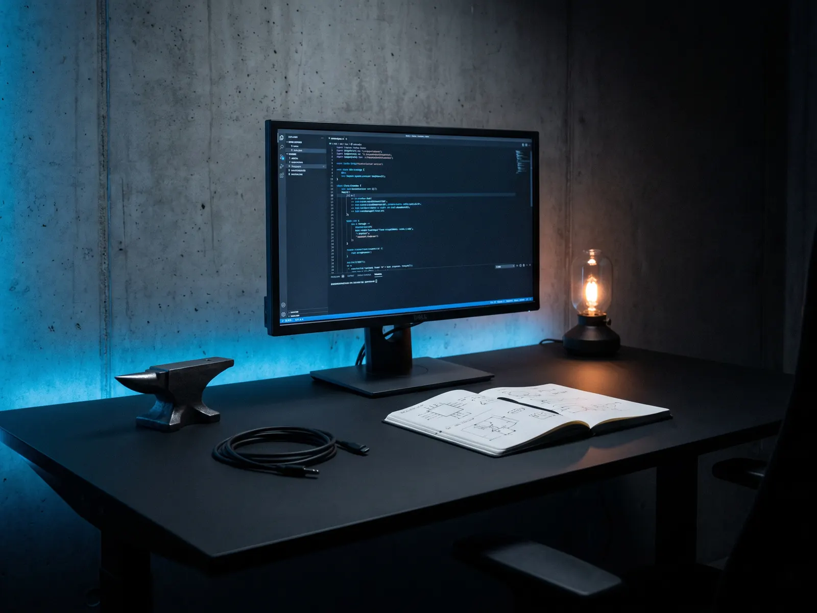 A black notebook open to hand-drawn architecture diagrams beside a keyboard on a dark desk
