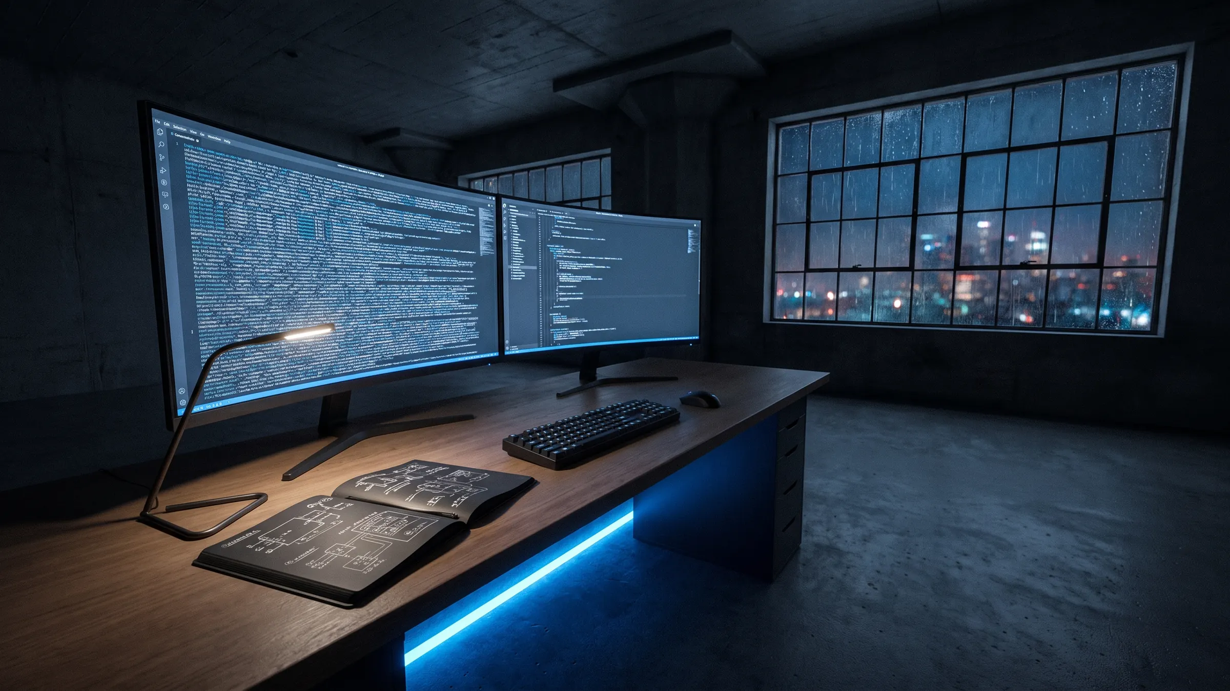 A dark loft studio at night: two monitors of code, a notebook of system diagrams, rain on the window and city lights beyond